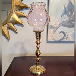 Brass Candlestick Fluted Pink Glass Scalloped Top Votive Holder EUC Gold VTG